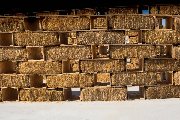 stock image Harvesting in agriculture bales of hay are stacked in large stacks