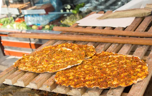 stock image Lahmacun, Turkish pizza pancake with spicy meat filling