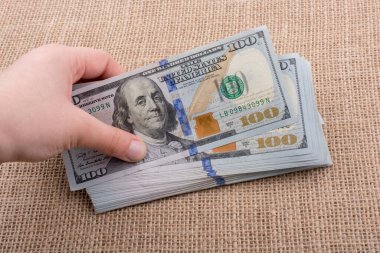 El ele tutuşan bir tomar Amerikan doları keten bir arka planda.