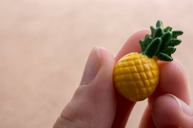 Arka planda küçük bir ananas minyatürü tutuyor.