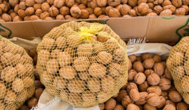 Bütün taze ceviz ile zor nutshells çuvalı