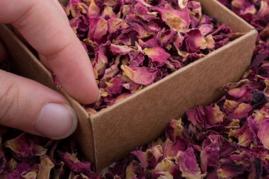 Kutuda kurumuş gül yaprakları ve arka plan olarak