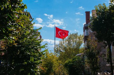 Gökyüzünde beyaz yıldız ve ay bulunan Türk ulusal bayrağı