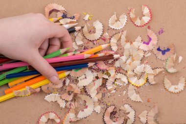 Bir defter kalem talaş ile üzerinde renkli kalemler tutan el