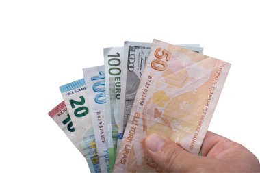 Turkish banknote money on euro and dollars background