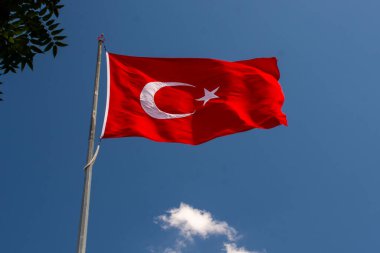 Gökyüzünde beyaz yıldız ve ay bulunan Türk ulusal bayrağı