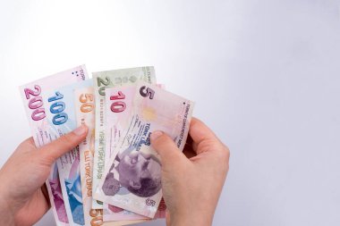 Turksh Lirası banknotlar beyaz arka plan üzerinde tutan el