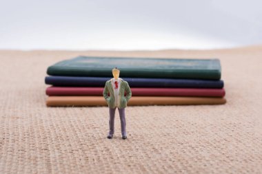 Adam heykelcik ayakta tuval üzerine küçük kitap yanında