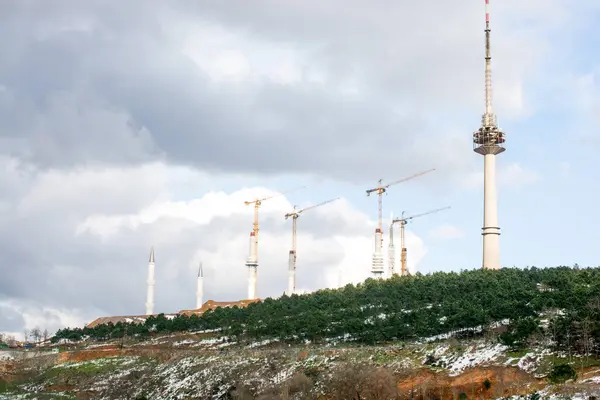 stock image Construction of mosque minarets of Camlica Mosque  in winter