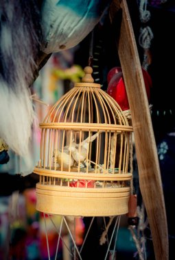 Tahtadan yapılmış küçük beyaz kuş evi.