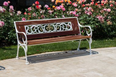 Gül bahçesinin ortasında tahta bir bank bulundu.