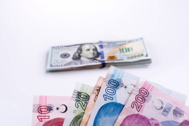Amerikan Doları banknot ve Turksh Lirası banknot beyaz arka plan üzerinde yan yana