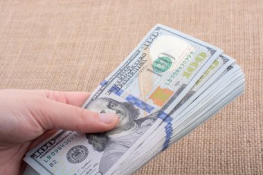 El ele tutuşan bir tomar Amerikan doları keten bir arka planda.