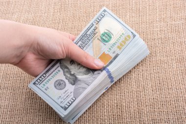 El ele tutuşan bir tomar Amerikan doları keten bir arka planda.