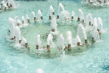 Çeşmeler parktaki bir havuzda köpüklü su fışkırtıyor.
