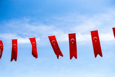 Gökyüzünde beyaz yıldız ve ay olan Türk ulusal bayrakları