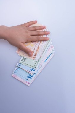 Turksh Lirası banknotlar beyaz arka plan üzerinde tutan el