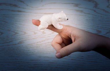 Tahta bir arka planda kutup ayısı modeli tutuyor.