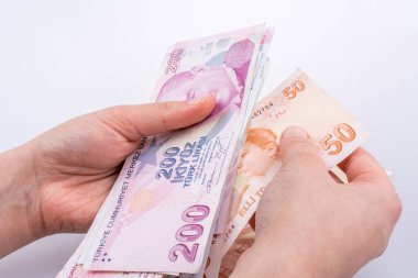 Turksh Lirası banknotlar beyaz arka plan üzerinde tutan el