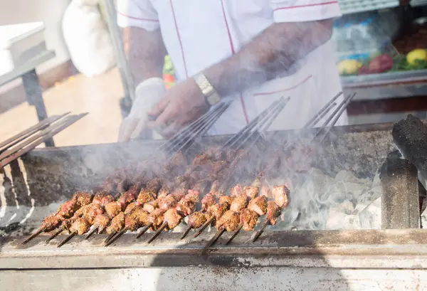 stock image Turkish style meat shashlyk being grilled on grill