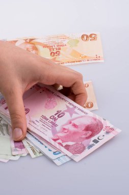 Turksh Lirası banknotlar beyaz arka plan üzerinde tutan el