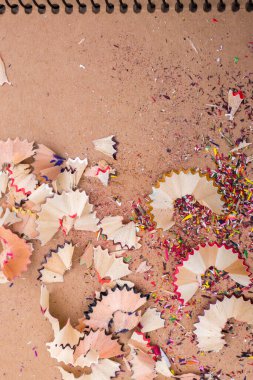 Kahverengi arka planda renkli kalem talaşları