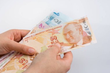 Turksh Lirası banknotlar beyaz arka plan üzerinde tutan el