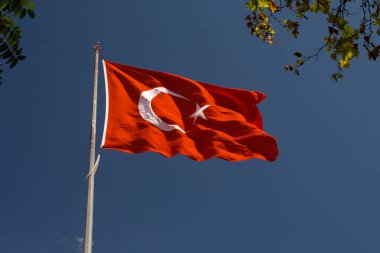 Gökyüzünde beyaz yıldız ve ay bulunan Türk ulusal bayrağı