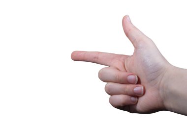 Beyaz arka planda el hareketlerini gösteren bir kadın.