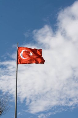 Gökyüzünde beyaz yıldız ve ay bulunan Türk ulusal bayrağı