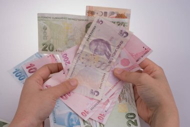 Turksh Lirası banknotlar beyaz arka plan üzerinde tutan el