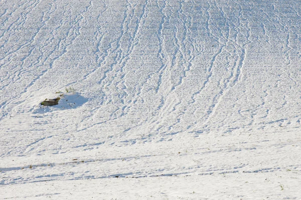 大雨使陡峭的白雪覆盖的农田上的车辙清晰可见 — 图库照片
