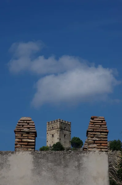 Mammoth Castle Tower Enclosed Two Chimneys Symbol Entire Village — Stock Photo, Image
