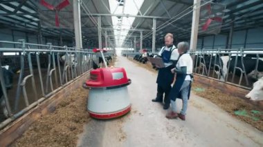 Cowshed workers are controlling a robotic feed pusher. 4K