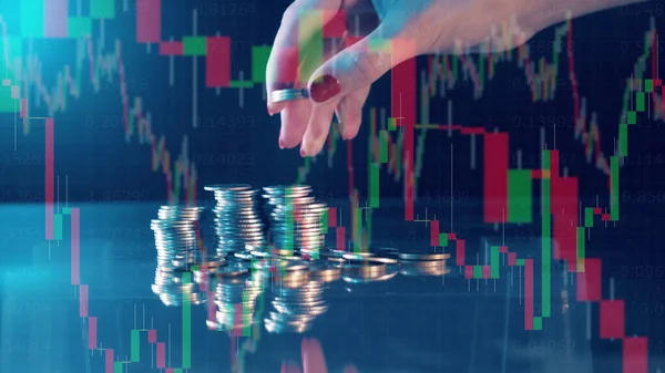 Multilayered display with stock charts and a pile of coins. 4K