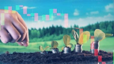 A hand puts coins into soil with live stock charts in the background. 4K
