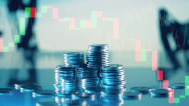 Multiple stock charts, money and pumpjacks on one screen. 4K