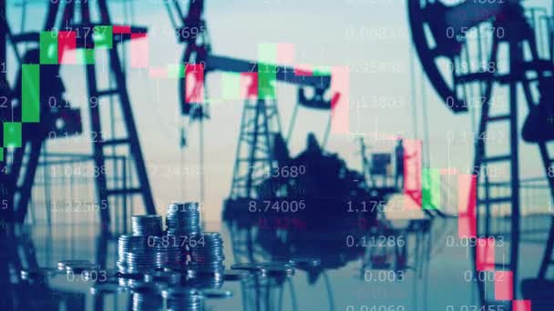 Stock Charts Coins Pumpjacks Multilayered Screen — Stockvideo