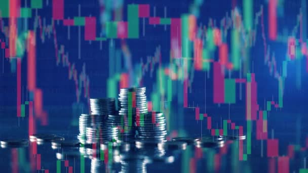 ダイナミクスとコインの山の中で複数の株式チャート — ストック動画