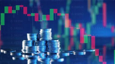 Multilayered screen with live stock charts and coins. 4K
