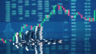 Multilayered image of live stock rates and money. 4K
