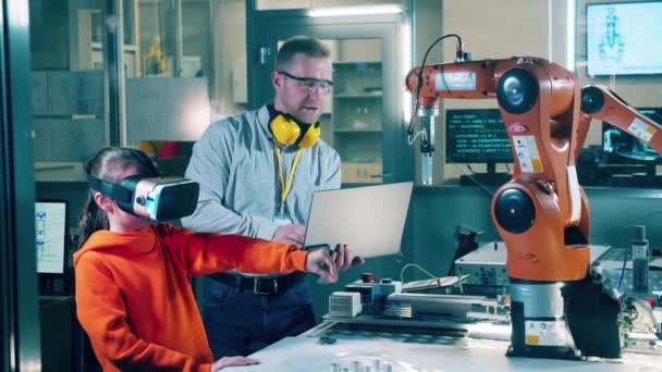 Girl Glasses Engineer Operating Robotic Arm — Stok video