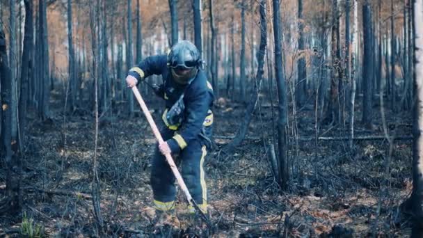 Firefighter Safety Outfit Shoveling Ground — Αρχείο Βίντεο