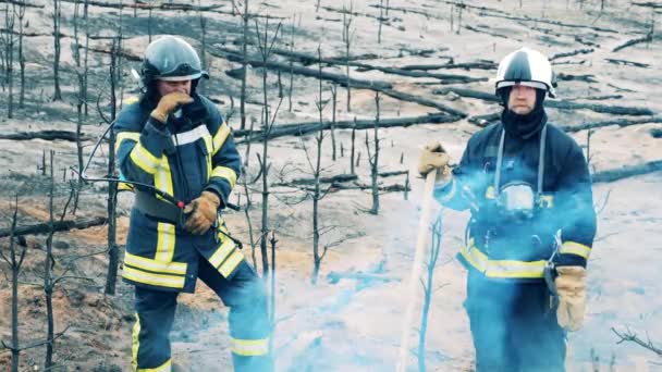 Two Firemen Safety Outfits Standing Forest Fire Area — Vídeo de Stock