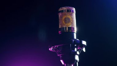 Studio microphone in neon lights. 4K
