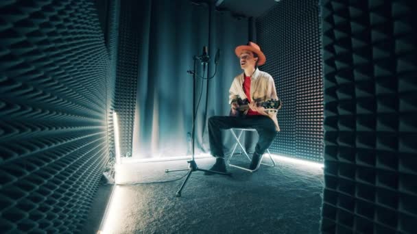Recording Studio Booth Young Man Playing Guitar — Stock video