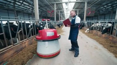 Male specialist is following a feed-pushing machine through the farm. 4K