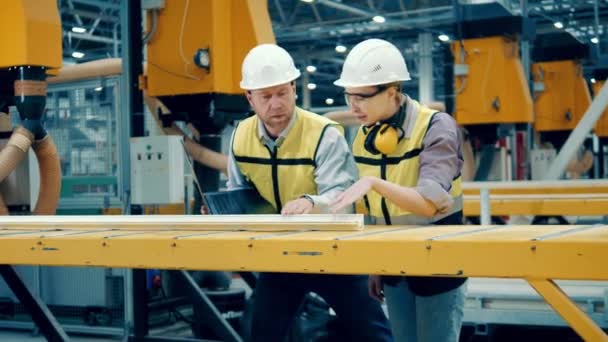 Fabrikmitarbeiter Beobachten Die Herstellung Von Glasfaser — Stockvideo