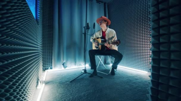 Soundproof Recording Booth Man Playing Guitar — Stock Video