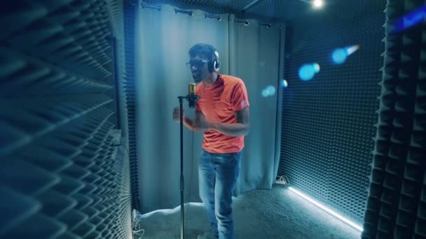 African Music Artist Getting Recorded Studio Booth — Stock Video